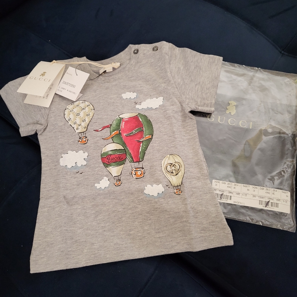 NWT Gucci Baby Hot Air Ballon T-Shirt w/ Signature GGs Grey (Sz 9-12 Months)
